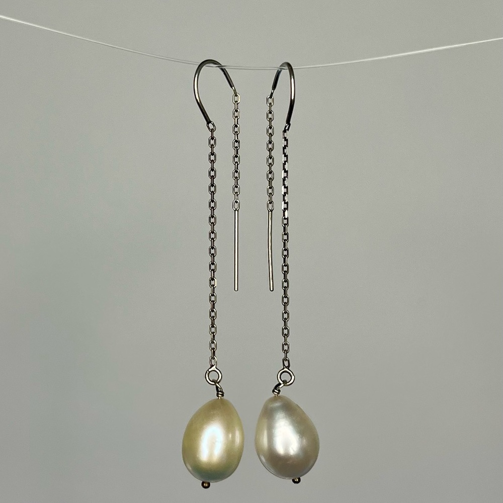 Sterling silver drop large white cultured pearl earrings